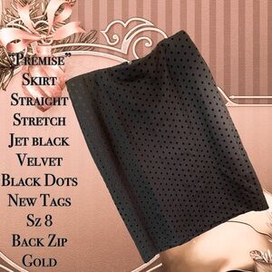 Party Holiday Skirt Jet Black Raised Velvet Polka Dot Straight Stretch Zip SZ 8